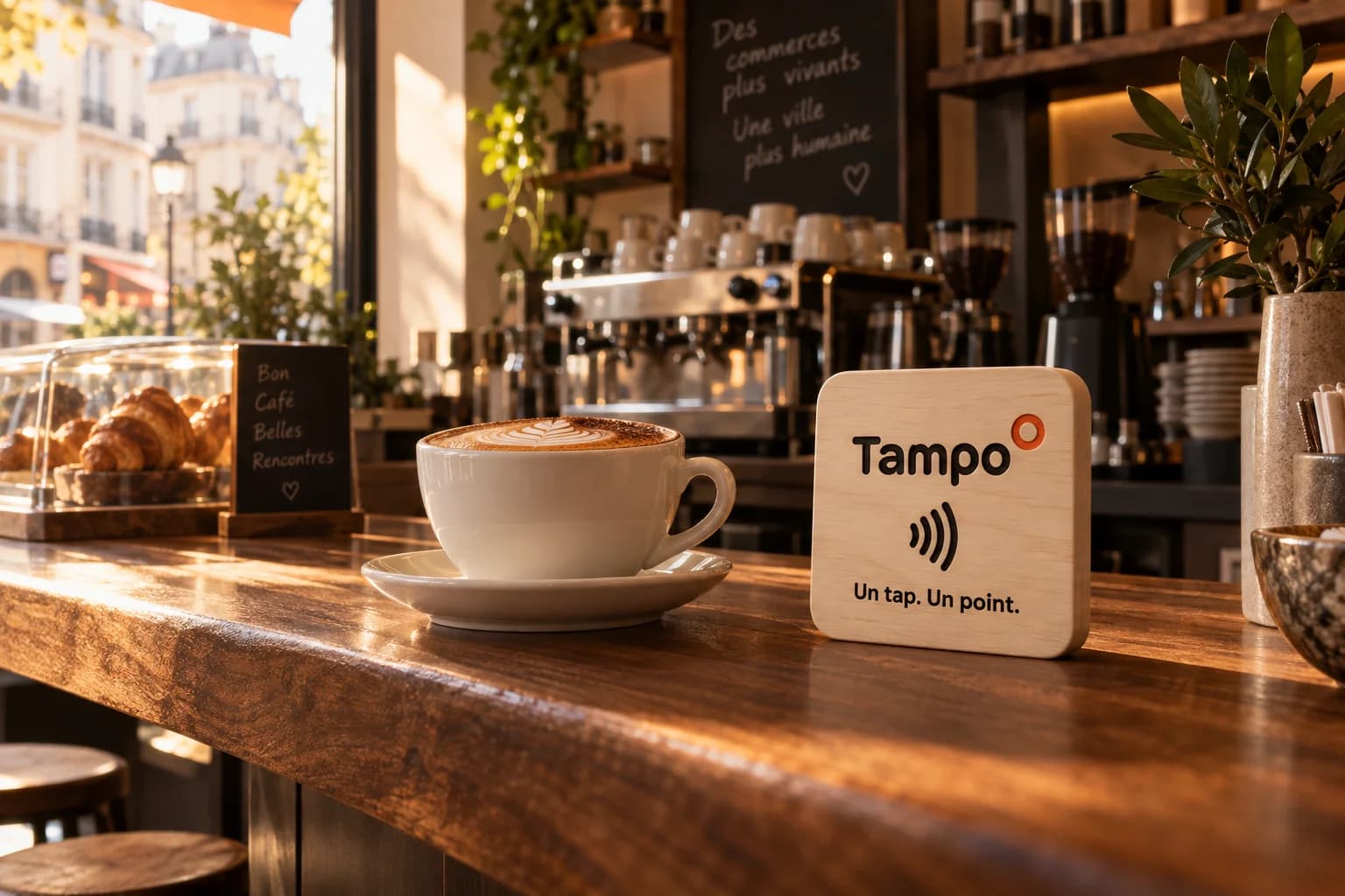 Une plaquette NFC en bois sur le comptoir chaleureux d’un café, à côté d’un cappuccino